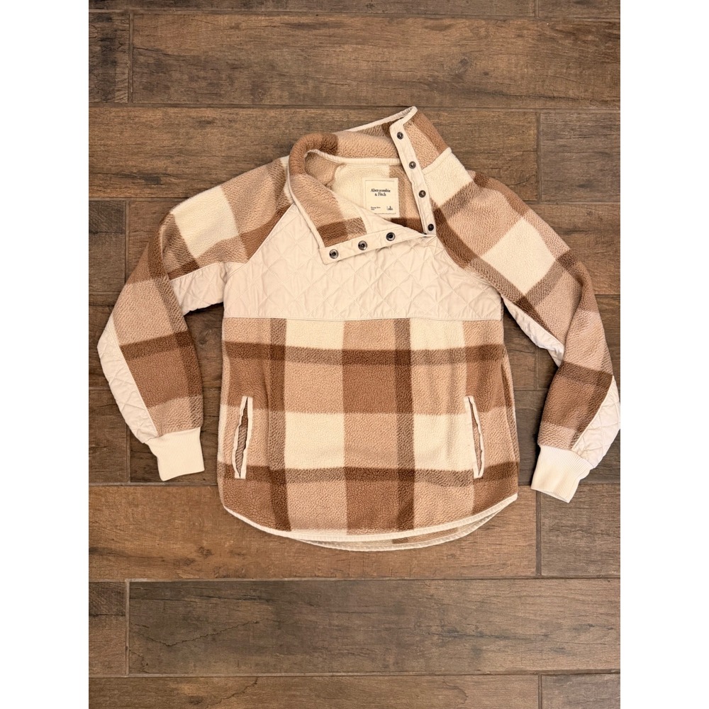 Abercrombie & Fitch Brown Plaid Sherpa Fleece Snap Pullover